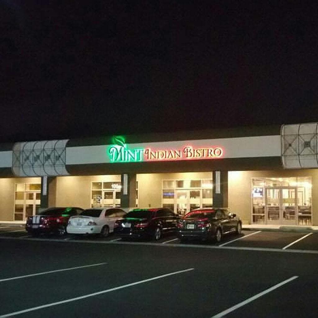 Mint Indian Bistro exterior at night